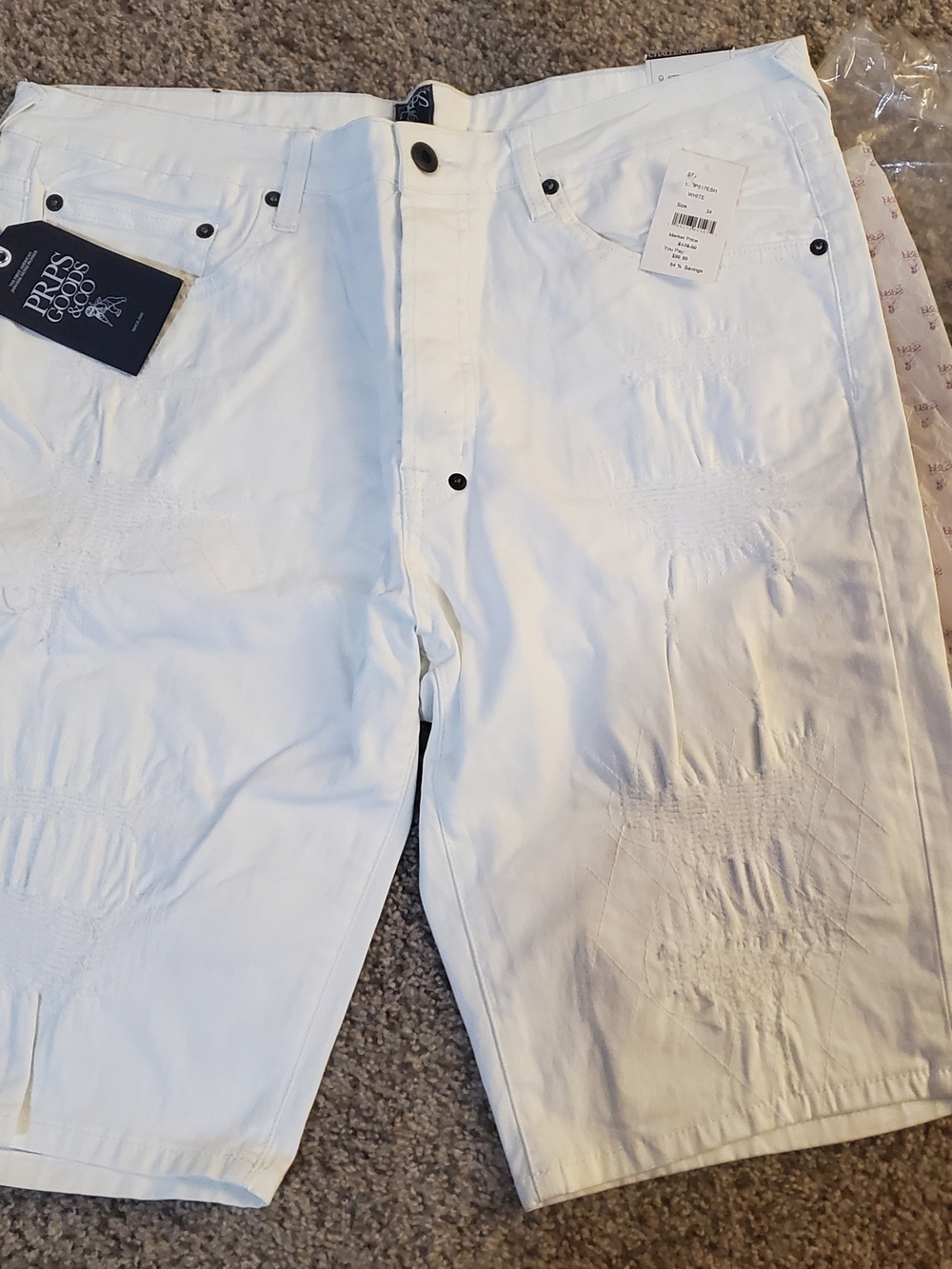 Mens PRPS White Distressed Denim Bermuda Shorts